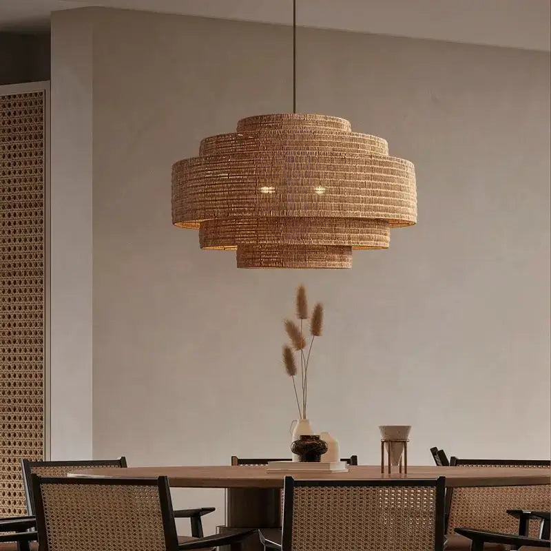 Suspension luminaire en fibres naturelles au design bohème chic