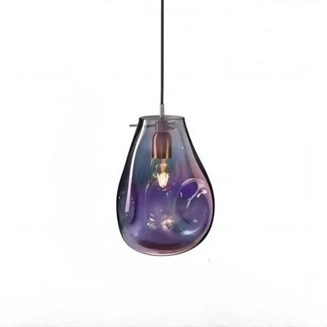 Suspension luminaire vulco avec abat-jour en verre dégradé violet et bleu en forme de goutte et ampoule filament visible