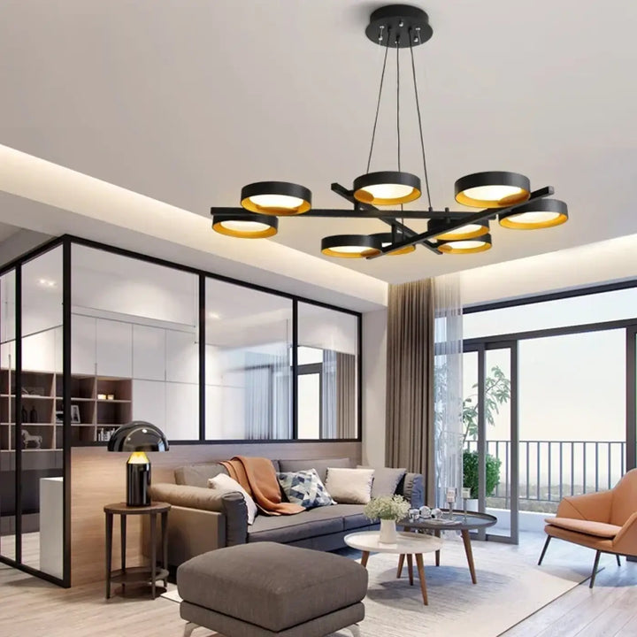 Suspension luminaire graphique noire avec cercles lumineux chic