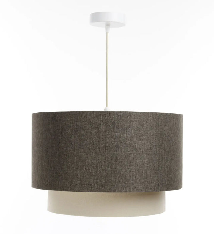 Suspension luminaire graphite duo boho elegant avec abat-jour en tissu charbon texturé à deux niveaux et base crème suspendue par cordon blanc