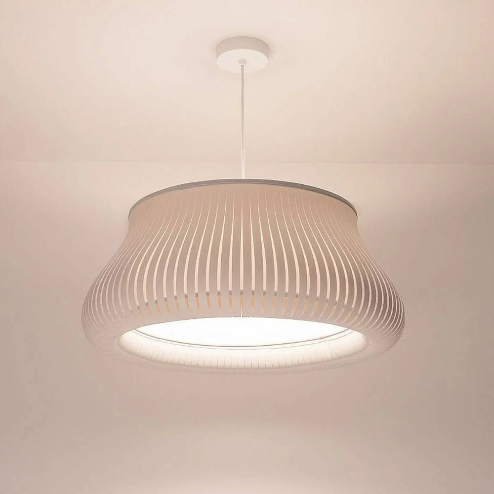 Suspension luminaire oblo gris clair with a modern white ribbed cylindrical shade and sleek metal hardware light