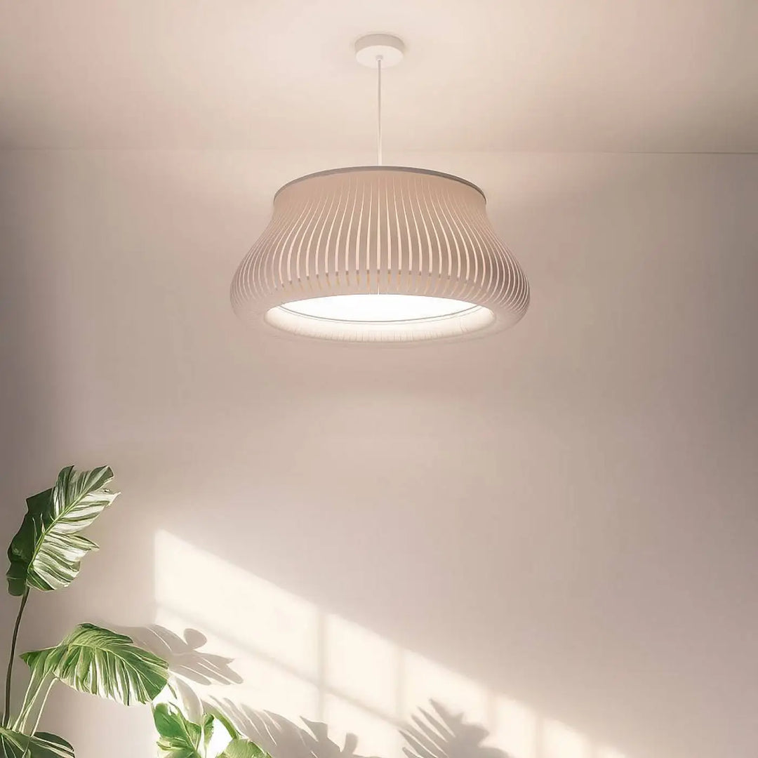 Suspension luminaire oblo gris clair avec lumière moderne suspendue en forme de pendentif fluté et base circulaire lumineuse