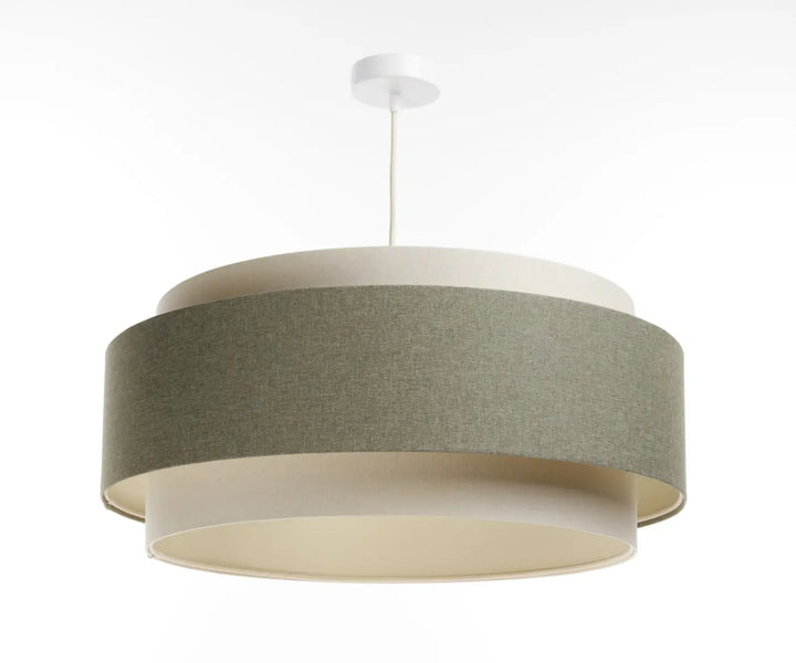 Suspension luminaire doblo boho elegant avec abat-jour deux niveaux gris vert texturé et anneaux intérieurs blanc crème lisses