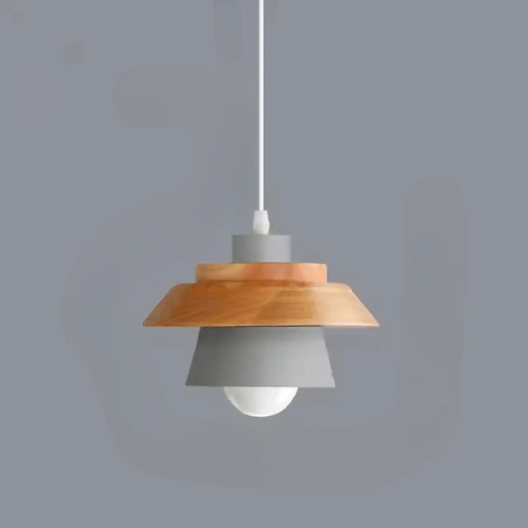 Suspension luminaire moderne avec abat-jour superposés en bois et gris mat suspendue par câble blanc