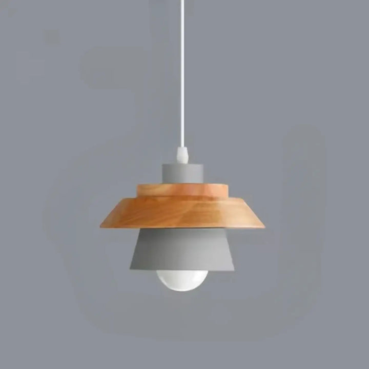 Suspension luminaire moderne avec abat-jour superposés en bois et gris mat suspendue par câble blanc
