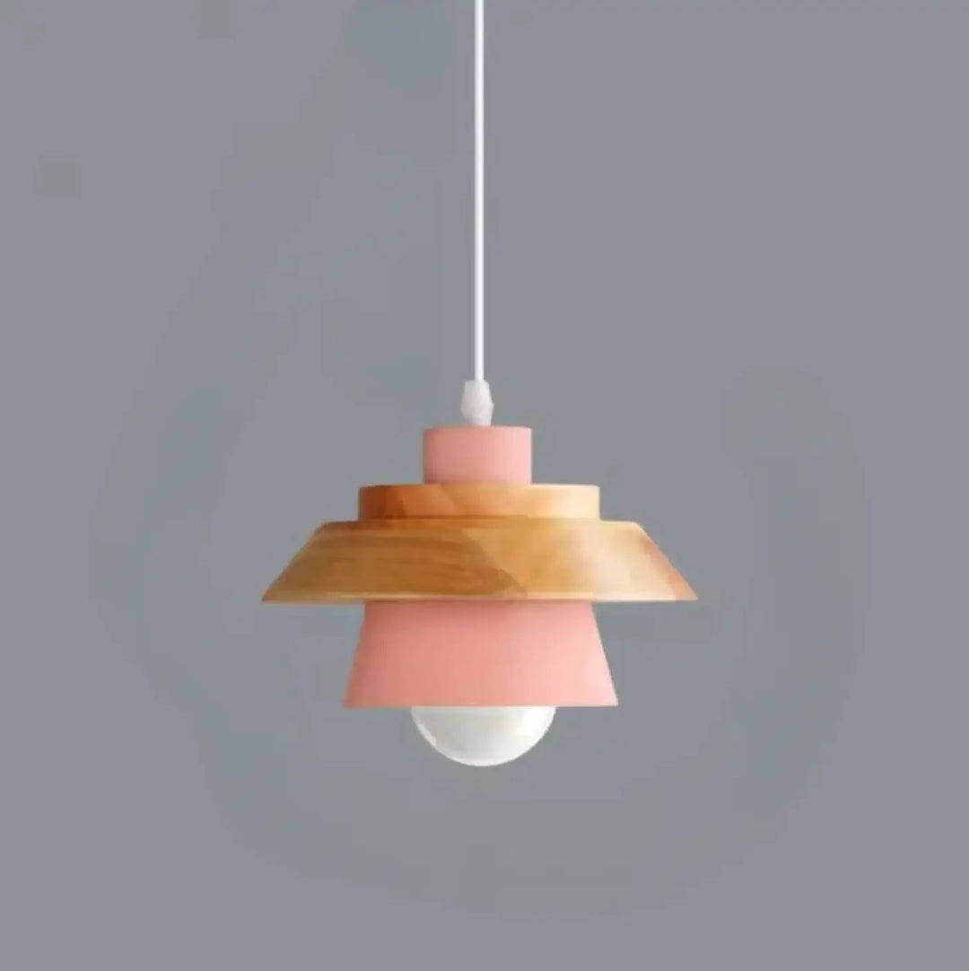 Suspension luminaire stakia avec abat-jour superposé en bois naturel et rose pastel avec cordon blanc