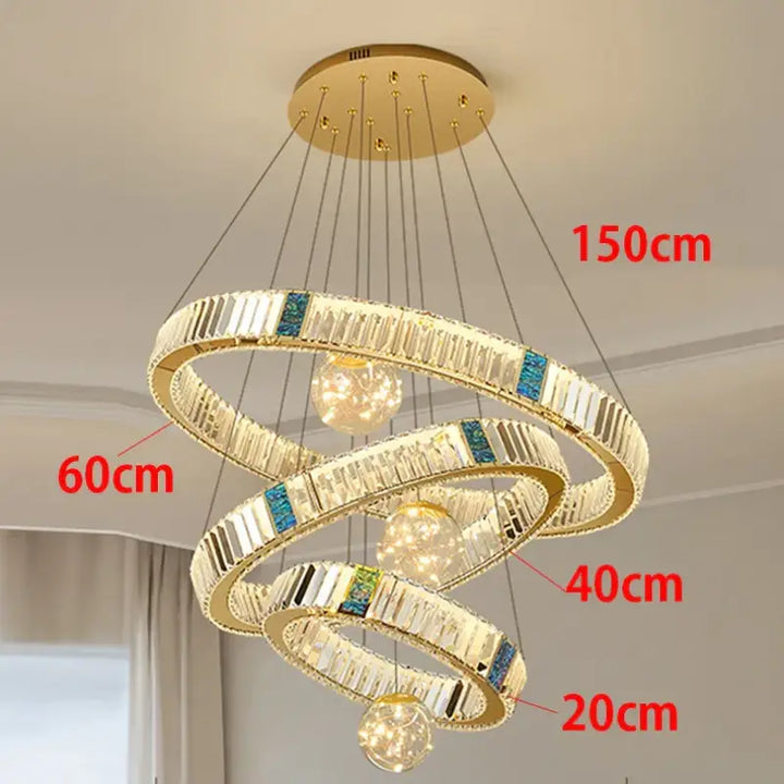 Suspension led cristal avec anneaux dorés design doré chic