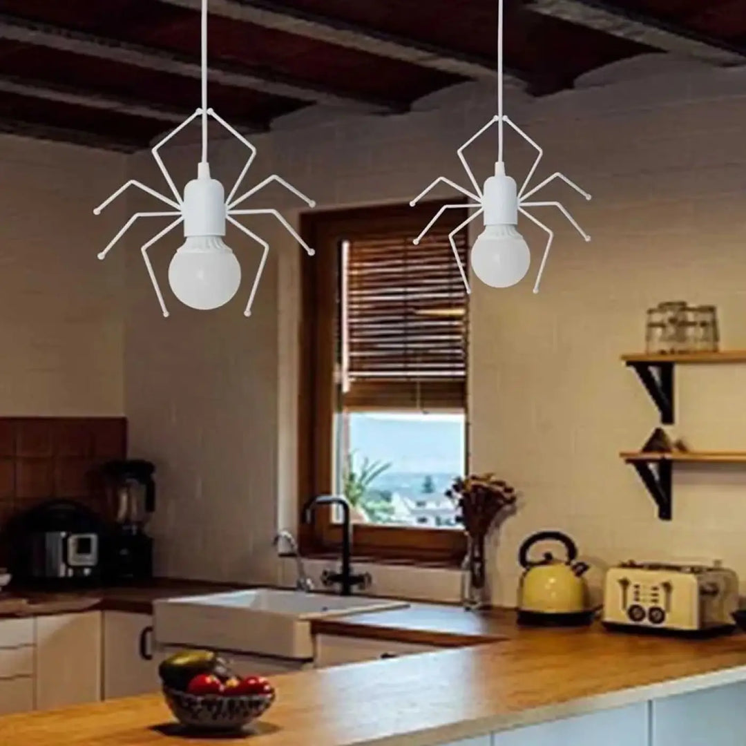 Suspension luminaire alako blanc en forme daraignée avec jambes articulées et corps bulbeux luminaire ludique