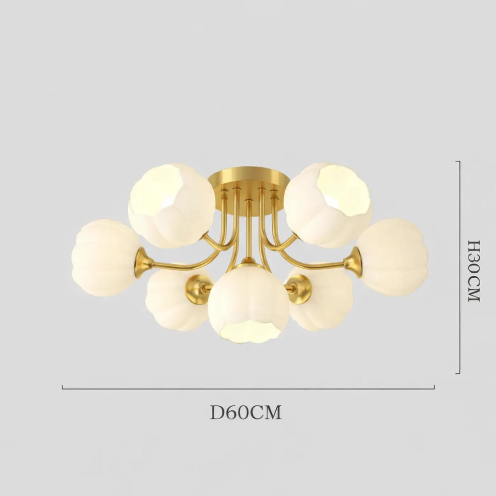 Suspension luminaire luxueuse en ton or avec six abat-jours en verre givré en forme de fleur