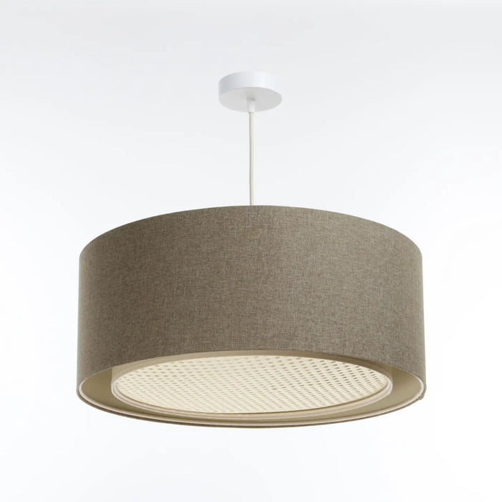 Suspension luminaire marron avec abat-jour textile cylindrique sable en tissu texturé et intérieur en maille tissée
