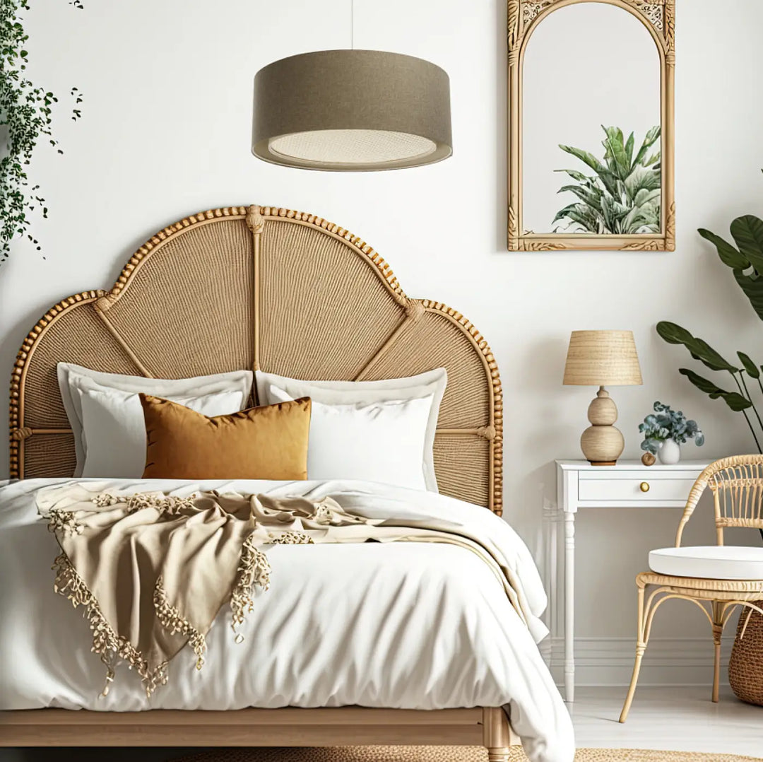 Suspension luminaire marron avec abat-jour textile cylindrique et design sable sur structure en rotin naturel beige