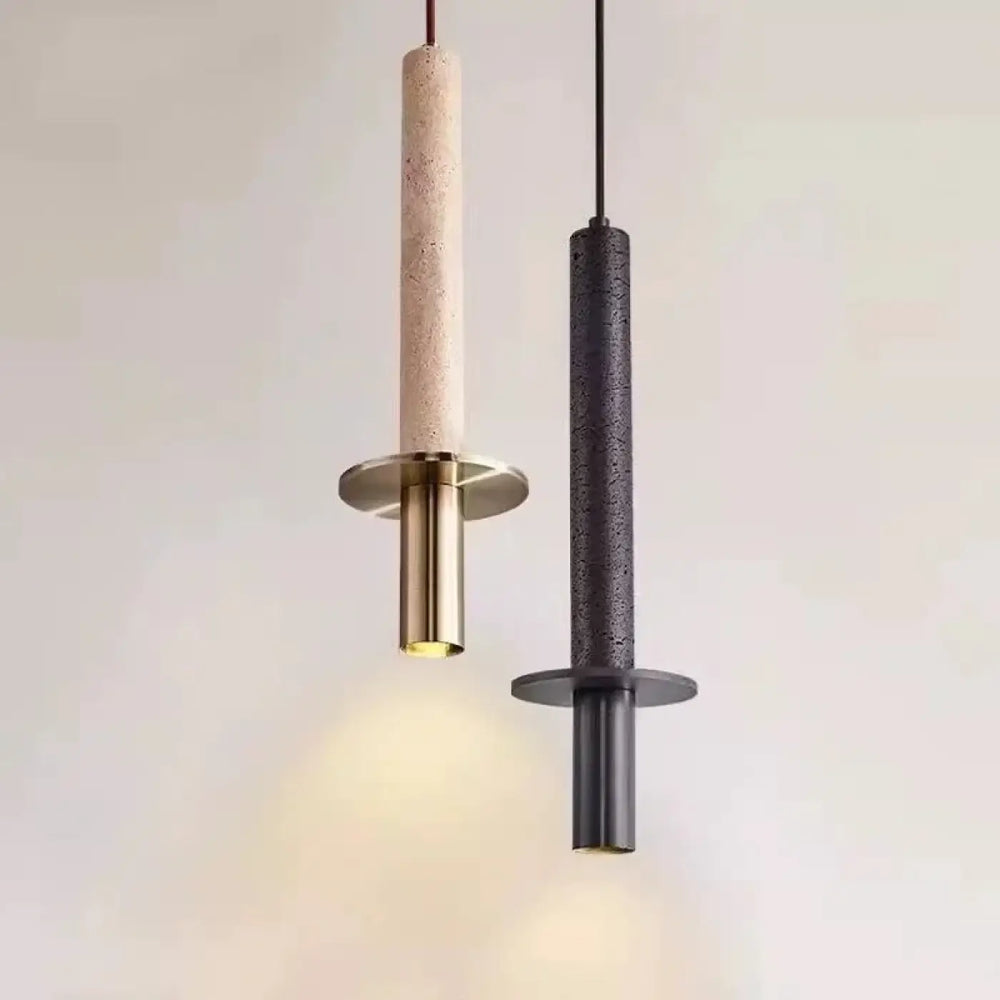 Suspension alva avec deux luminaires minimalistes en pierre naturelle beige clair et finition matte foncée pour décoration intérieure