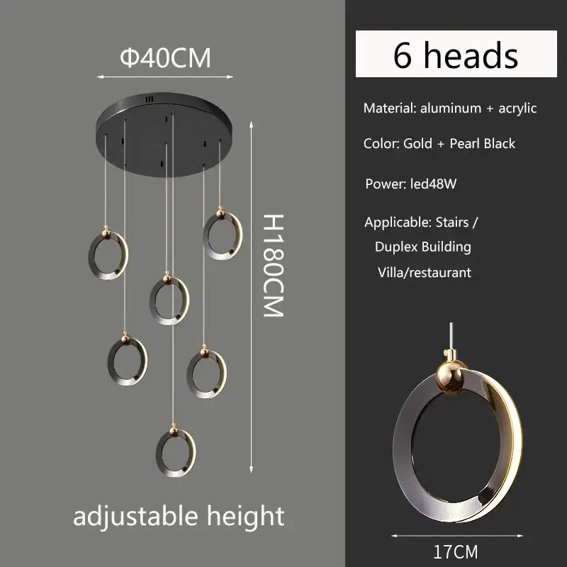 Suspension luminaire moderne anneaux led doré noir