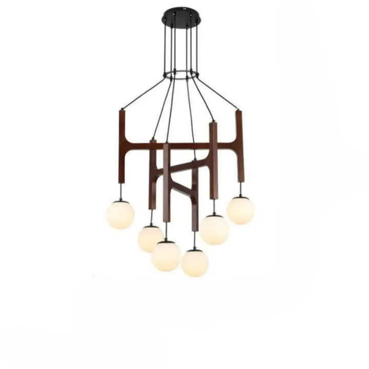Suspension luminaire moderne orbia en bois foncé et métal noir avec six globes en verre opalin givré