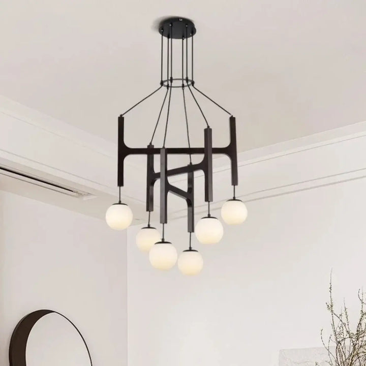 Suspension luminaire orbia en métal noir avec six globes en verre opalin suspension luminaire moderne