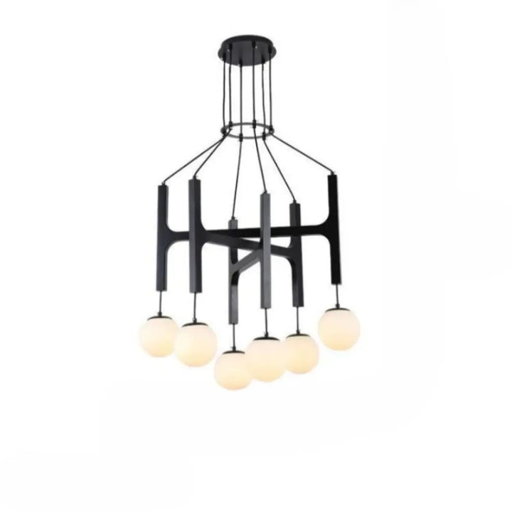 Suspension luminaire moderne orbia noir avec six globes en verre opalin sur cadre metalique geometric