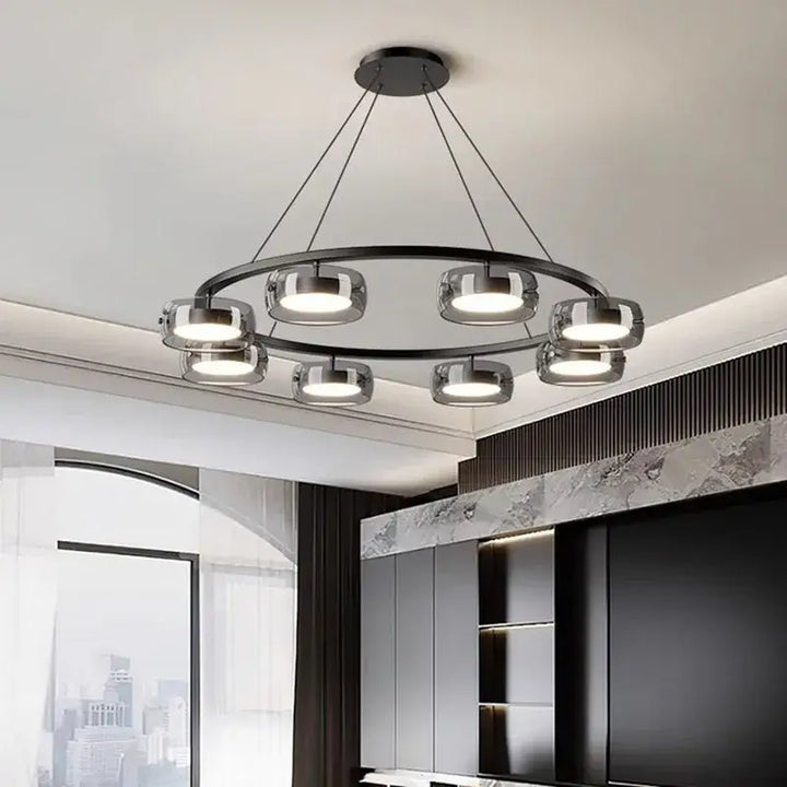 Suspension Luminaire Moderne Design Anneau Noir Avec Spots LED

