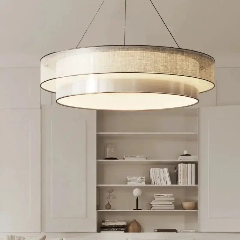 Suspension Luminaire Moderne Design Rond En Tissu Beige

