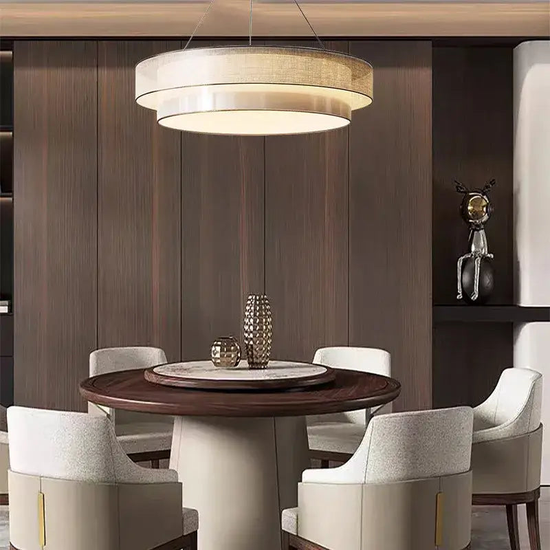 Suspension Luminaire Moderne Design Rond En Tissu Beige

