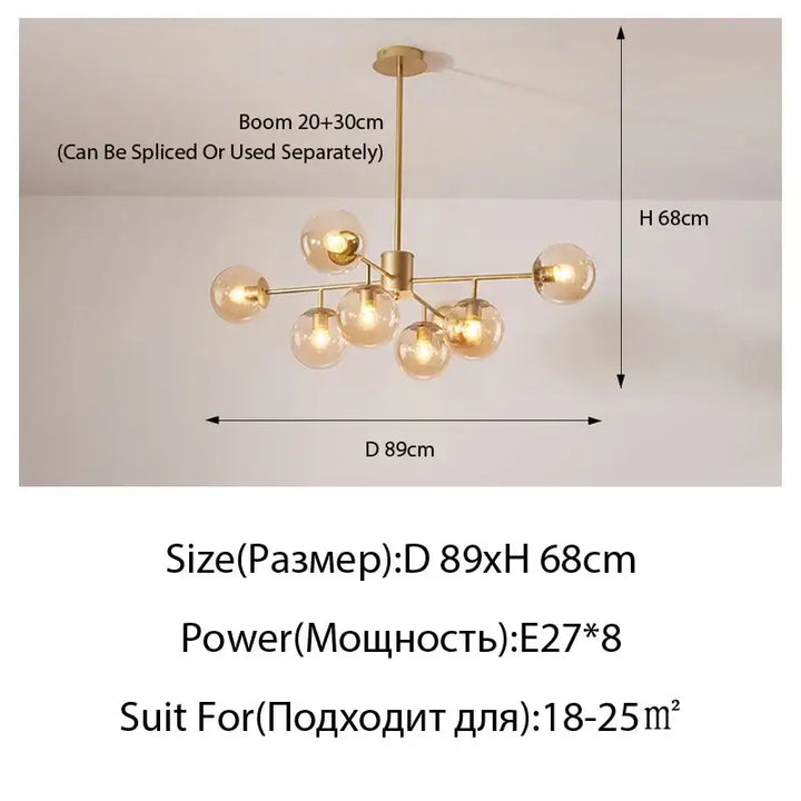 Suspension moderne dorée à globes en verre décoratif