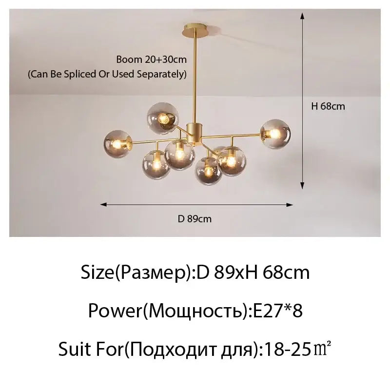 Suspension moderne dorée à globes en verre décoratif