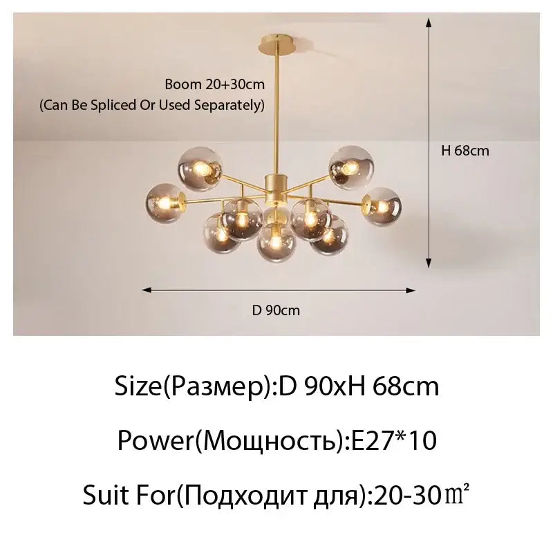 Suspension moderne dorée à globes en verre décoratif