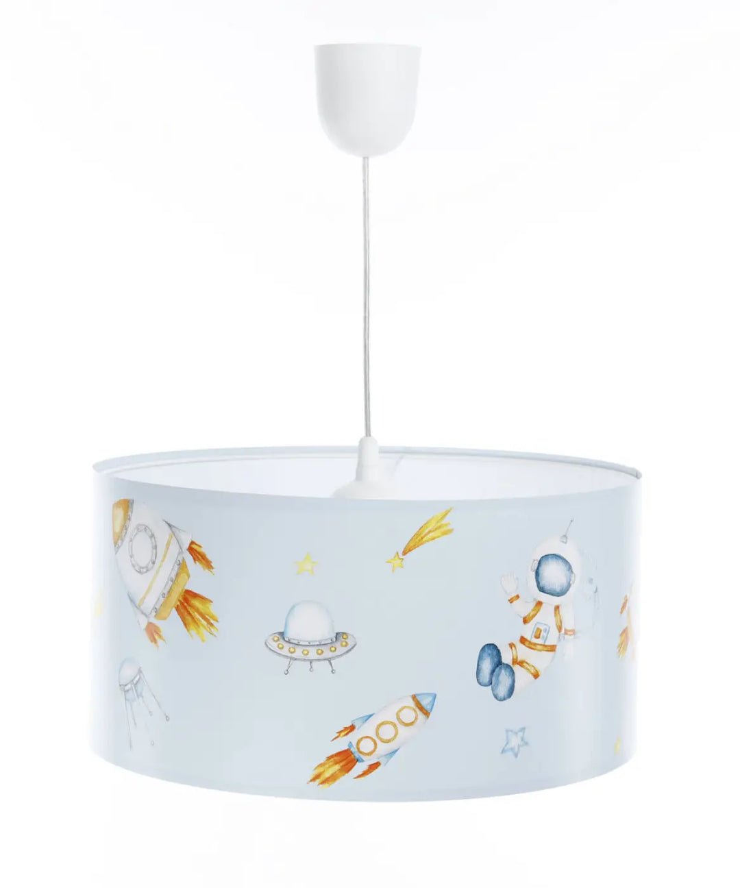 Suspension luminaire moderne bleu clair avec motifs fusées astronautes et ovnis style aquarelle pour chambre enfant