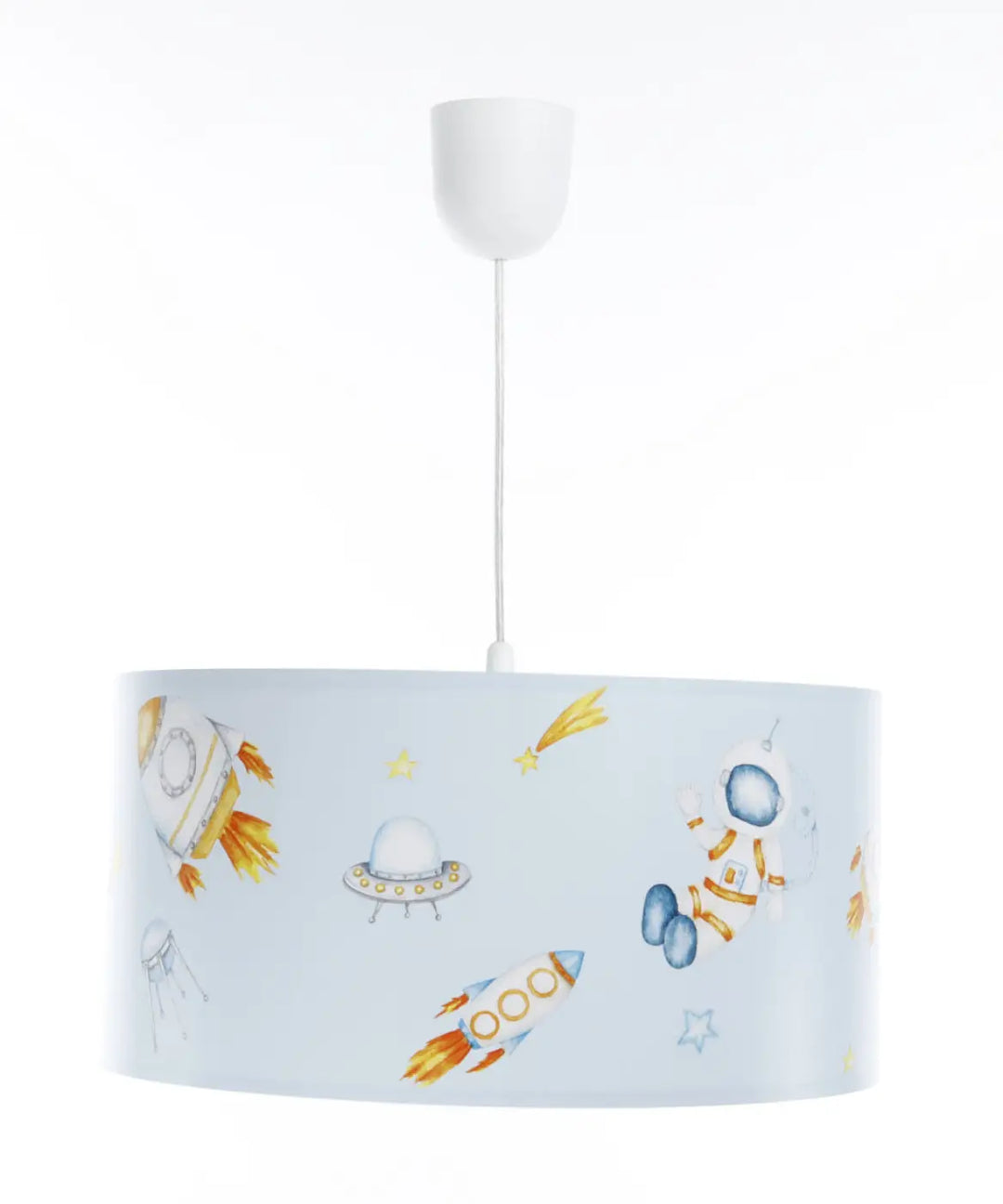 Suspension luminaire moderne bleu clair avec motifs fusées astronautes et ovnis style aquarelle pour chambre enfant
