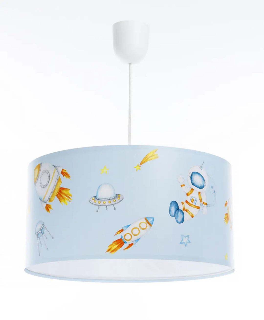 Suspension luminaire moderne bleu clair avec abat-jour en tissu motifs fusées astronautes et ufos pour chambre enfant