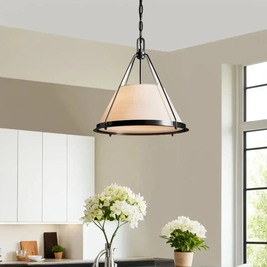 Suspension luminaire moderne en métal et abat-jour beige