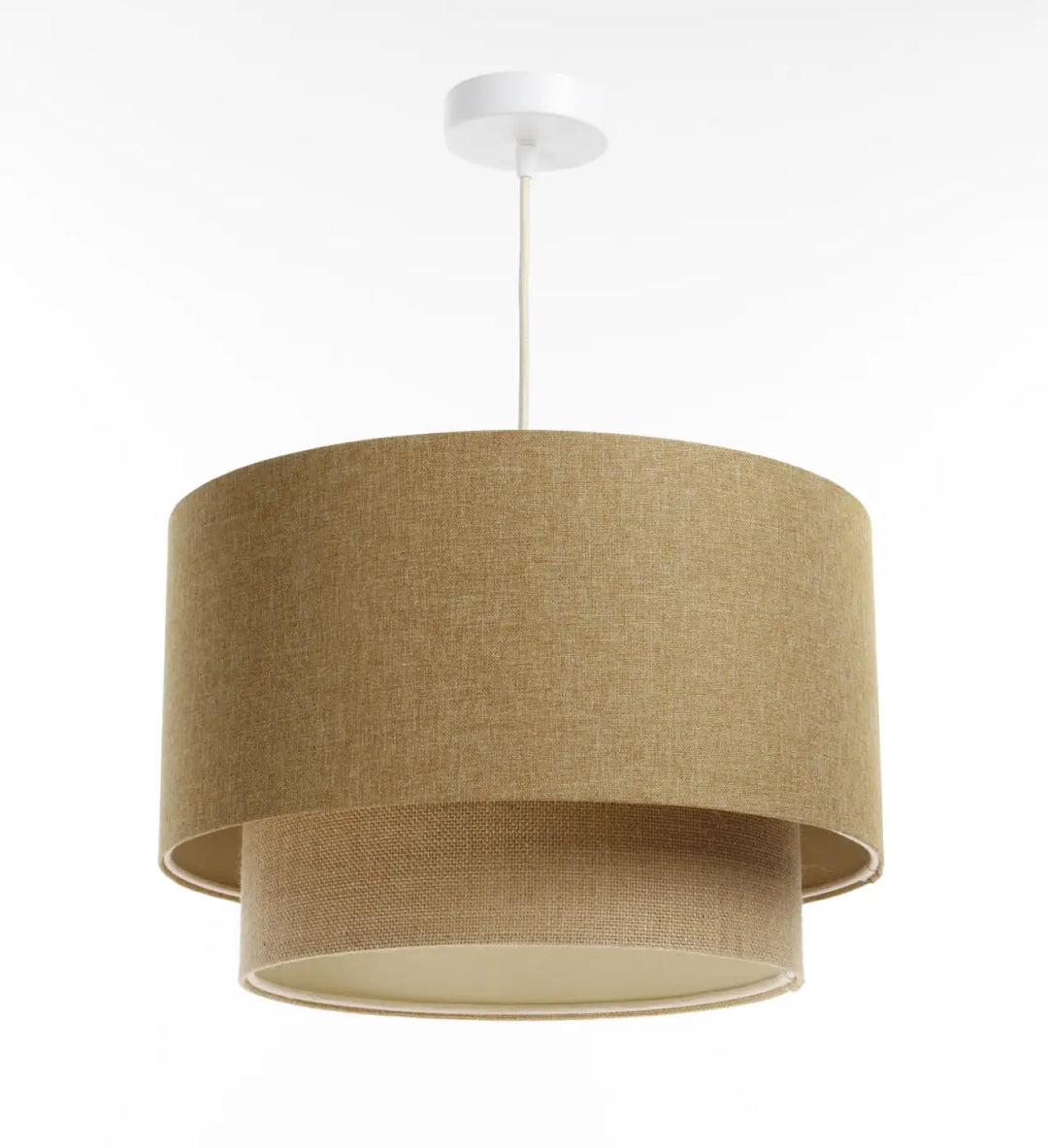 Suspension luminaire duo boho elegant beige en lin à double niveau avec fixation plafond blanche