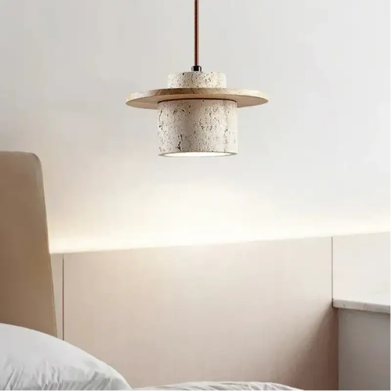 Suspension luminaire naturelle en pierre texturée et bois naturel