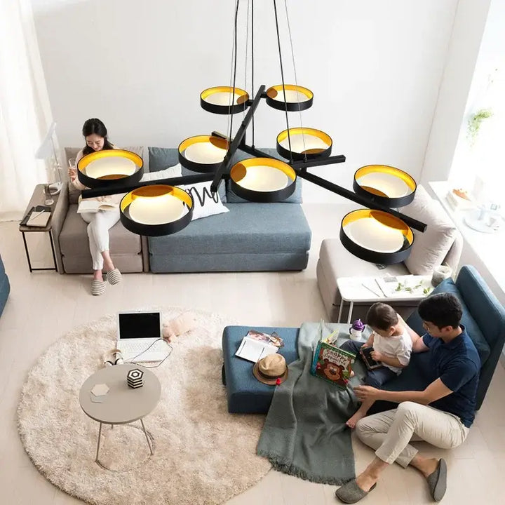 Suspension luminaire noir avec 9 cercles en LED au design tendance

