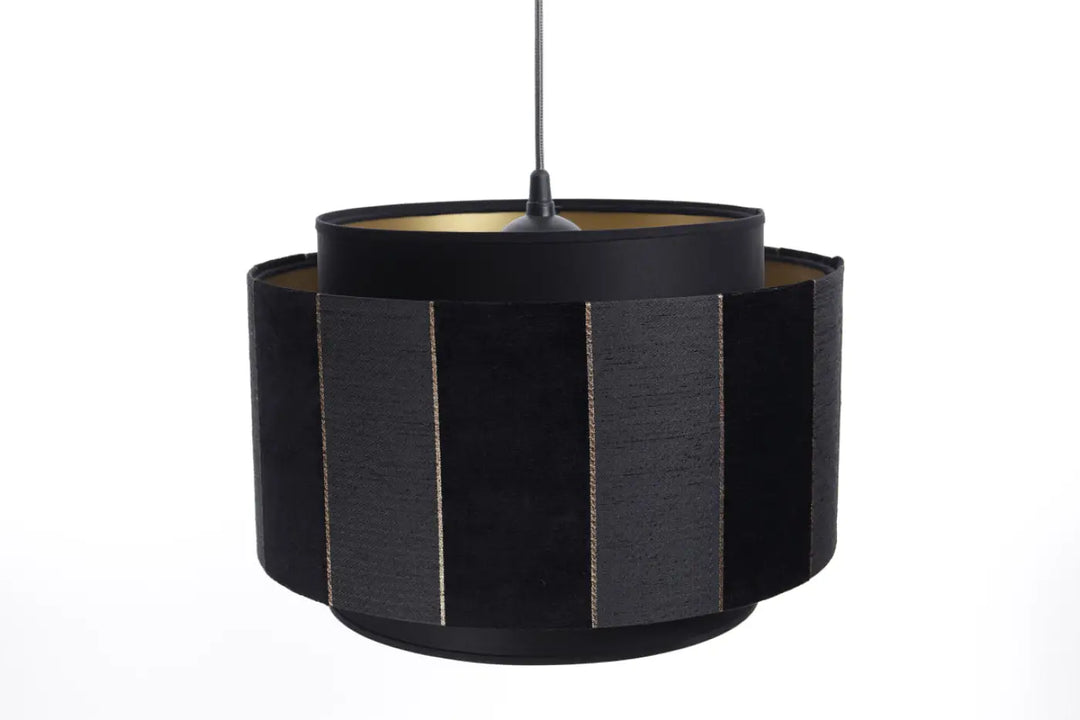 Suspension luminaire noir doblo avec panneau cylindrique en tissu texturé et détails de couture métallique subtile