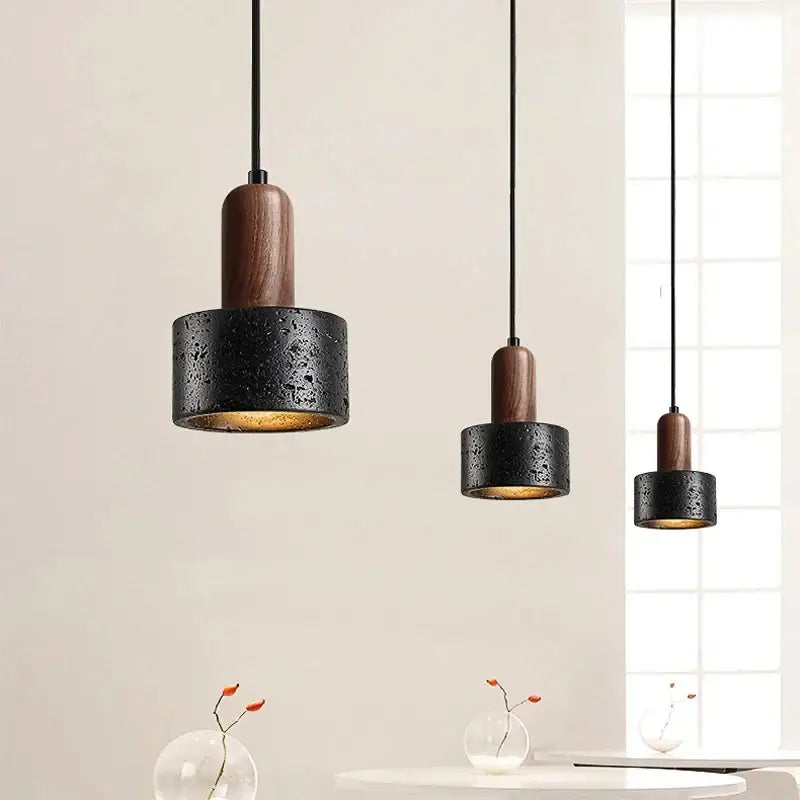 Suspension luminaire en pierre noire et bois naturel design