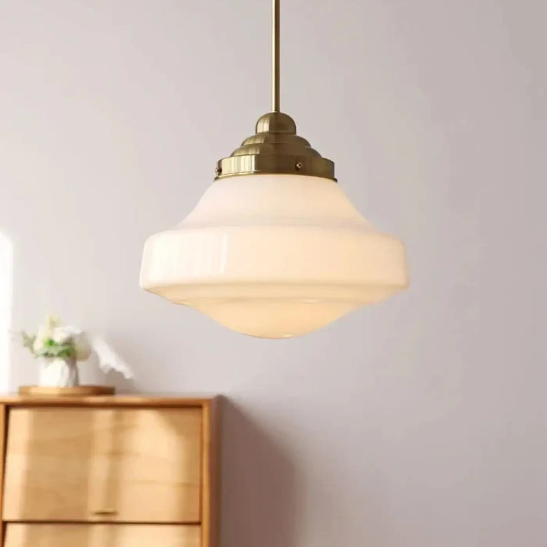 Suspension luminaire rétro en verre opalin et en métal chromé
