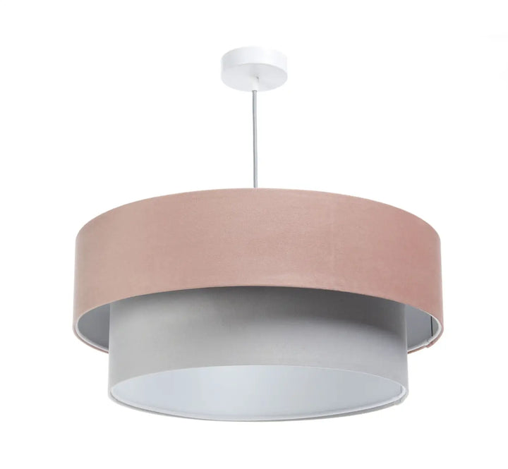 Suspension luminaire duo jasmin avec abat-jour rose doux et gris mat suspendue par tige métallique fine