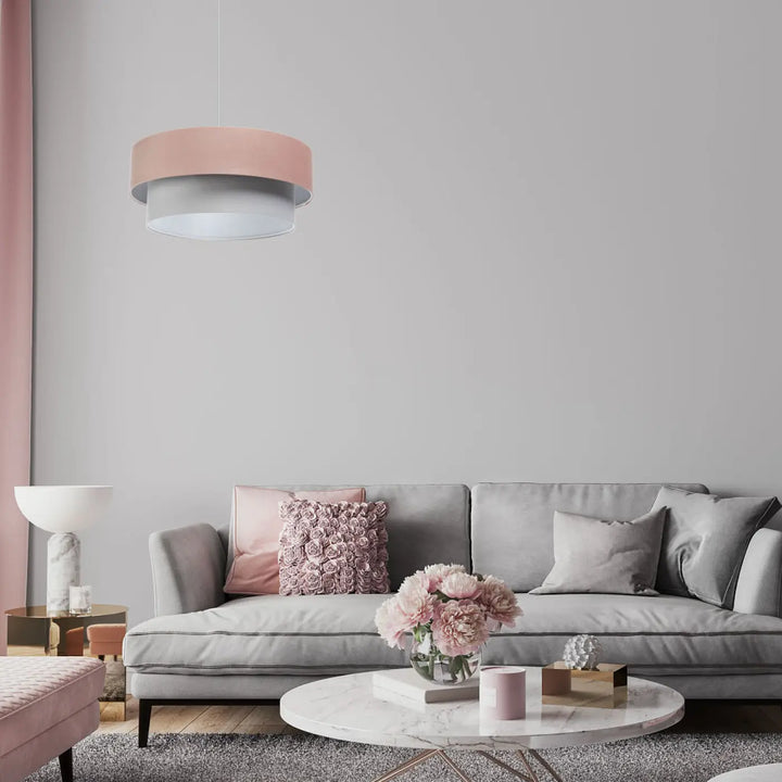 Suspension luminaire duo jasmin avec abat-jour rose doux et gris mat, luminaire rose moderne à deux niveaux suspendu