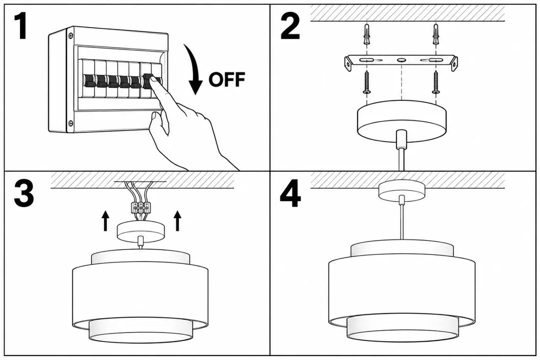 Diagram en quatre étapes montrant linstallation dune suspension luminaire rose doblo jasmin avec confort visuel velours moderne