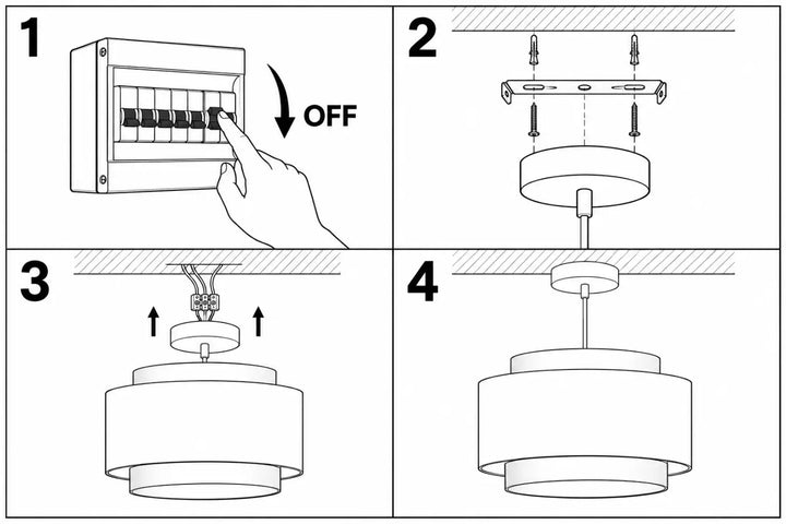 Diagram en quatre étapes montrant linstallation dune suspension luminaire rose doblo jasmin avec confort visuel velours moderne