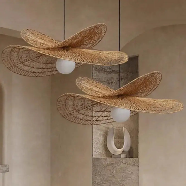 Suspension Luminaire En Rotin Avec Deux Abats‑Jours Superposés