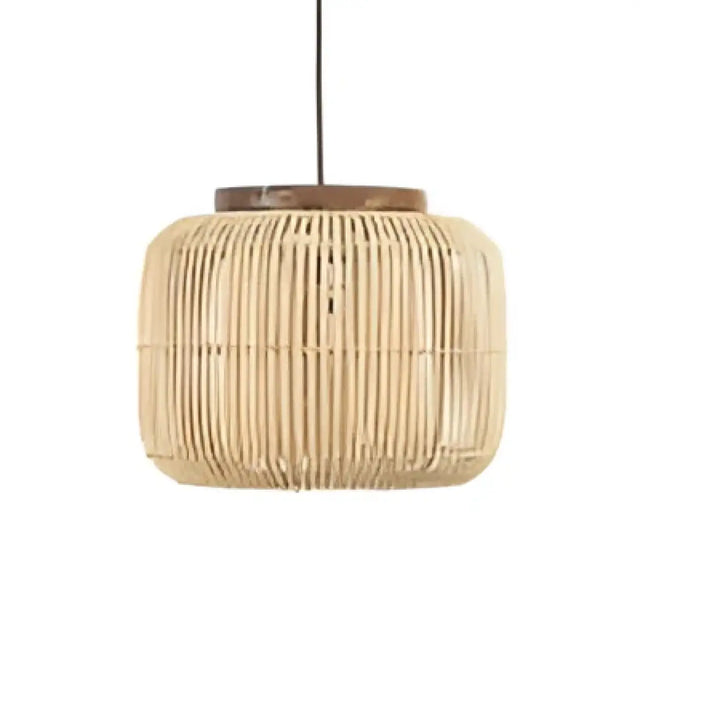 Suspension luminaire solea cylindrique en rotin tissé naturel avec dessus en bois foncé pour décoration intérieure