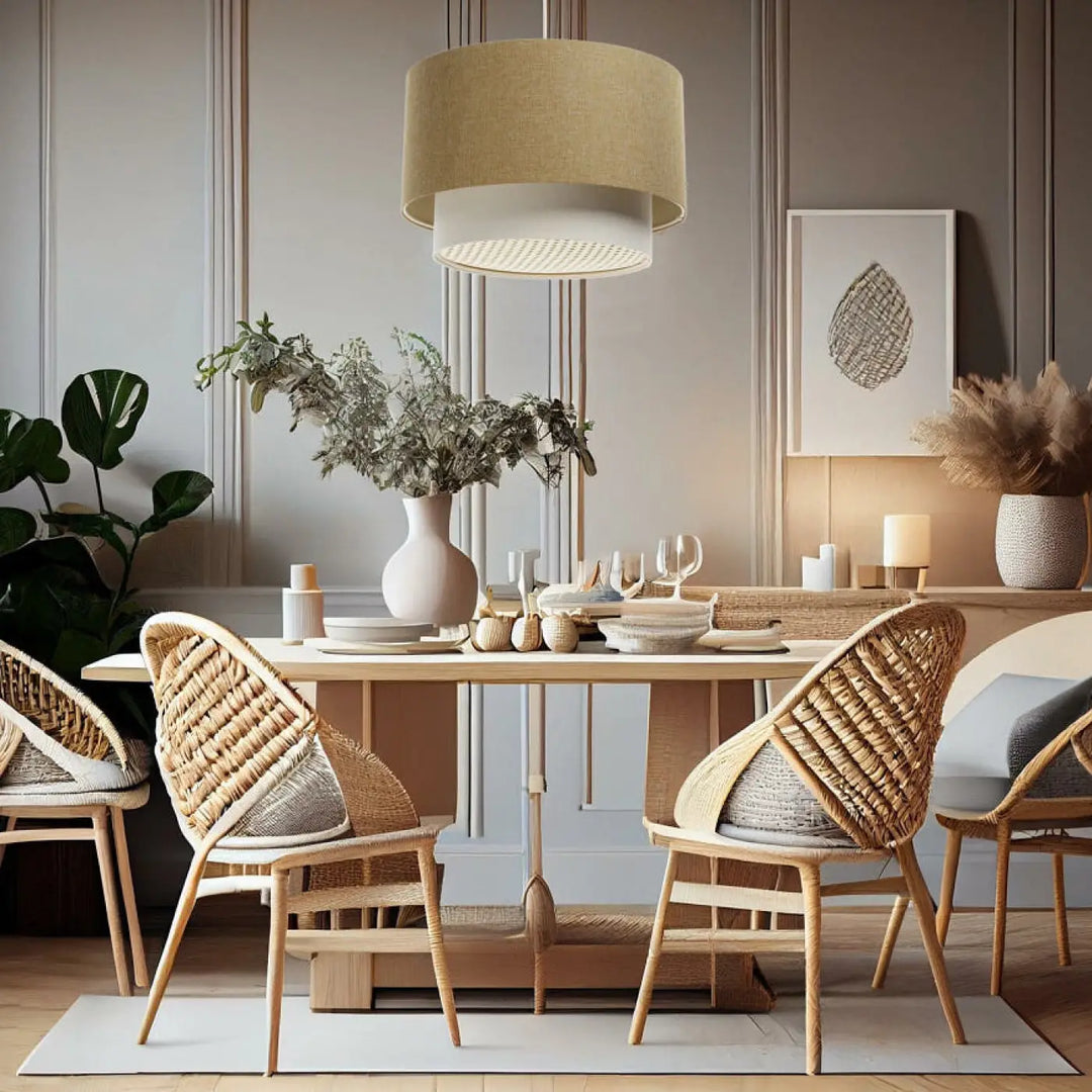 Chaise de salle à manger en rotin tressé avec assise coussinée gris clair près d une suspension luminaire rotin jaune moutarde crème