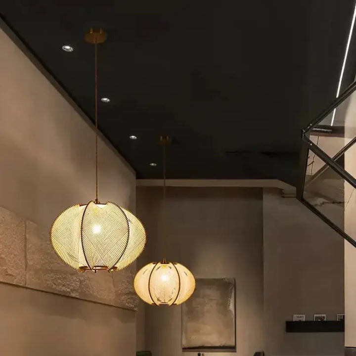 Suspension luminaire rotin ronde tressée style bohème naturel
