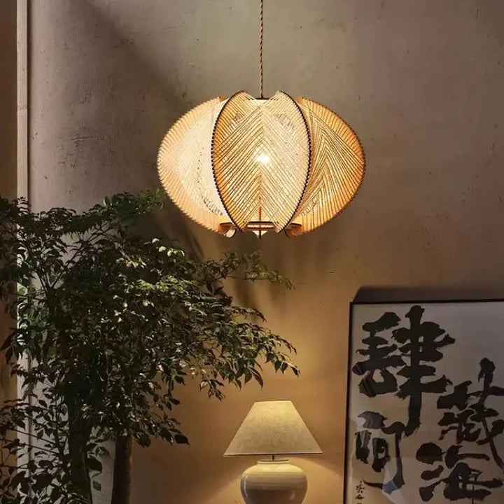 Suspension luminaire rotin ronde tressée style bohème naturel

