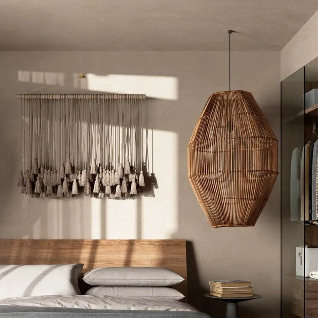Suspension luminaire tianah en rotin style scandinave avec abat-jour hexagonal tressé pour décoration intérieure chaleureuse