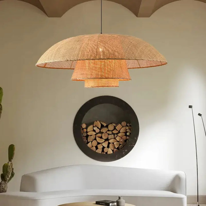 Suspension luminaire en rotin tressé design naturel beige
