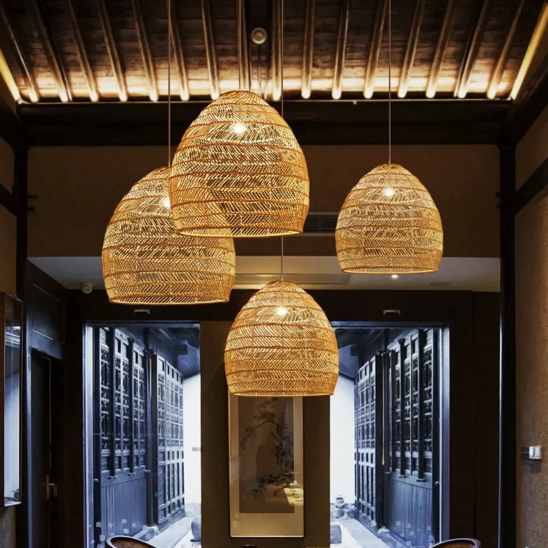 Suspension luminaire en rotin tressé style naturel beige