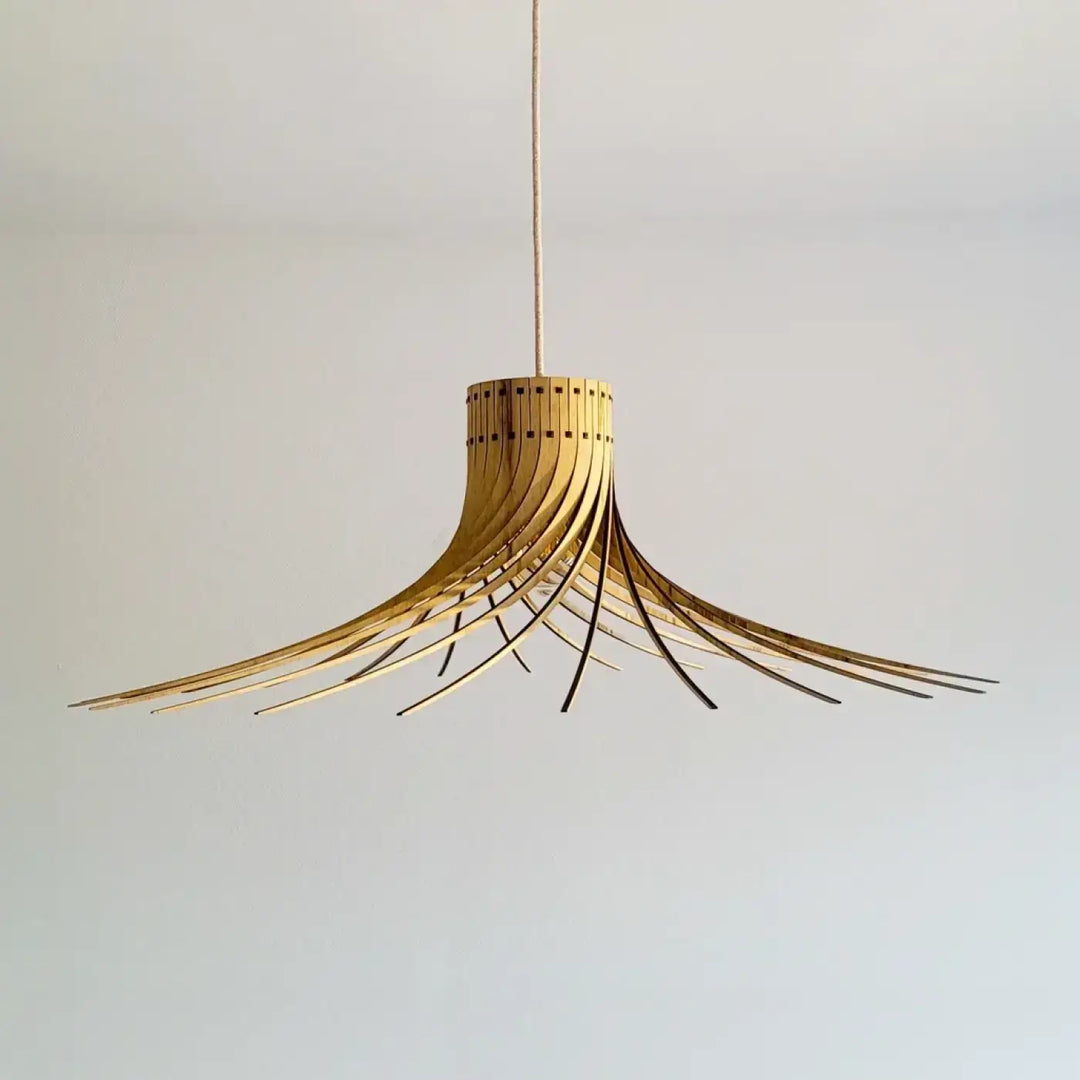 Suspension rotond ø75cm en bois naturel bouleau fsc avec design radial doré-brun moderne en lames courbées
