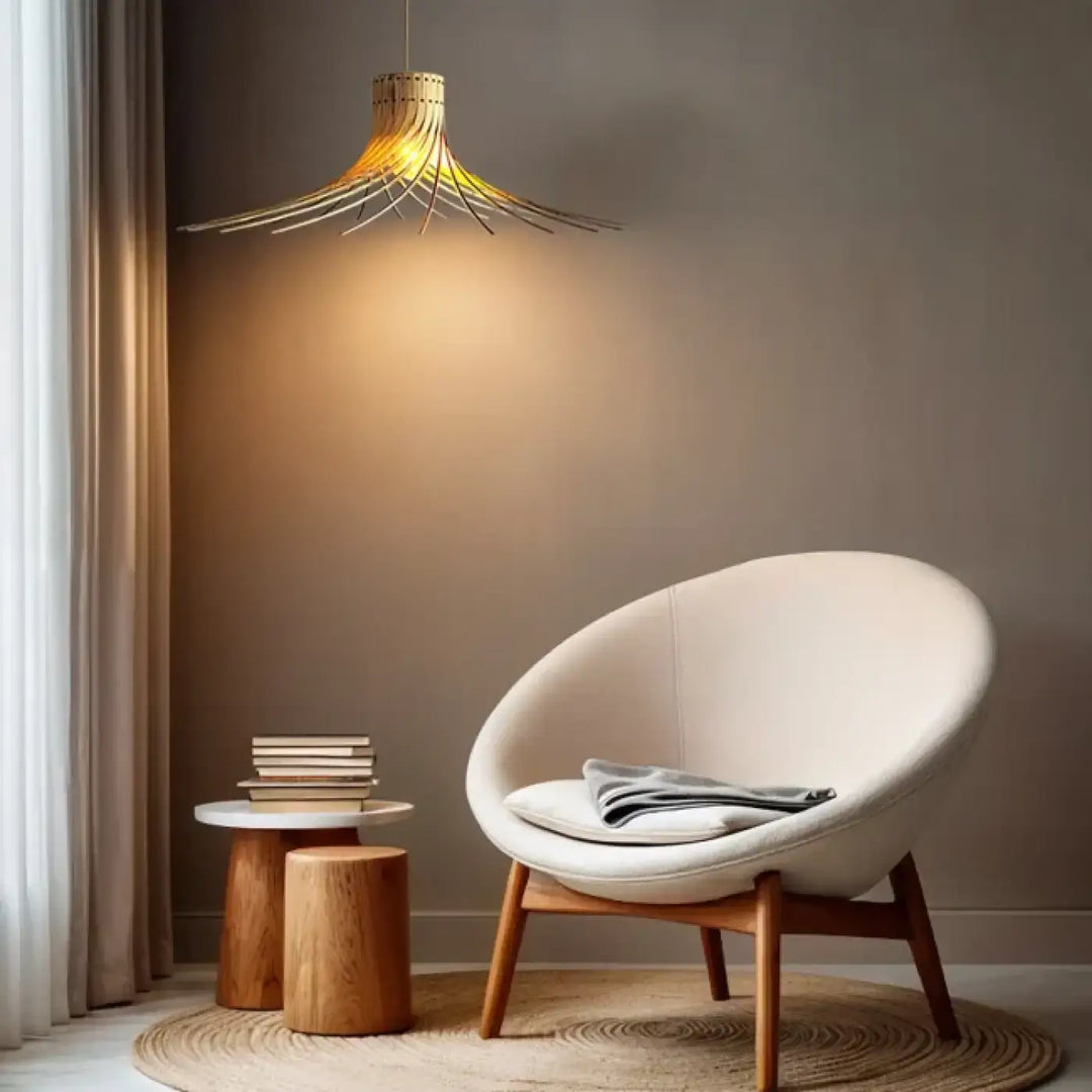 Fauteuil œuf rembourré couleur crème avec pieds en bois naturel bouleau fsc pour suspension rotond ø75cm